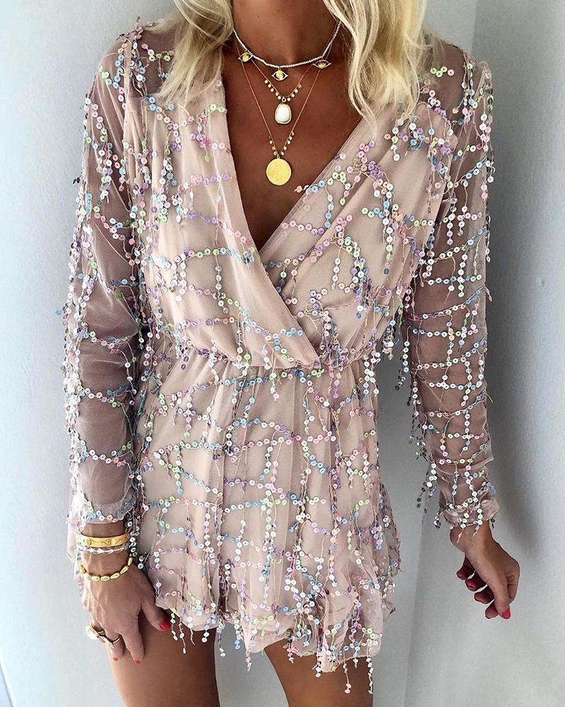 

Sequin Tassels Embellished Wrap Over Mini Dress, Apricot