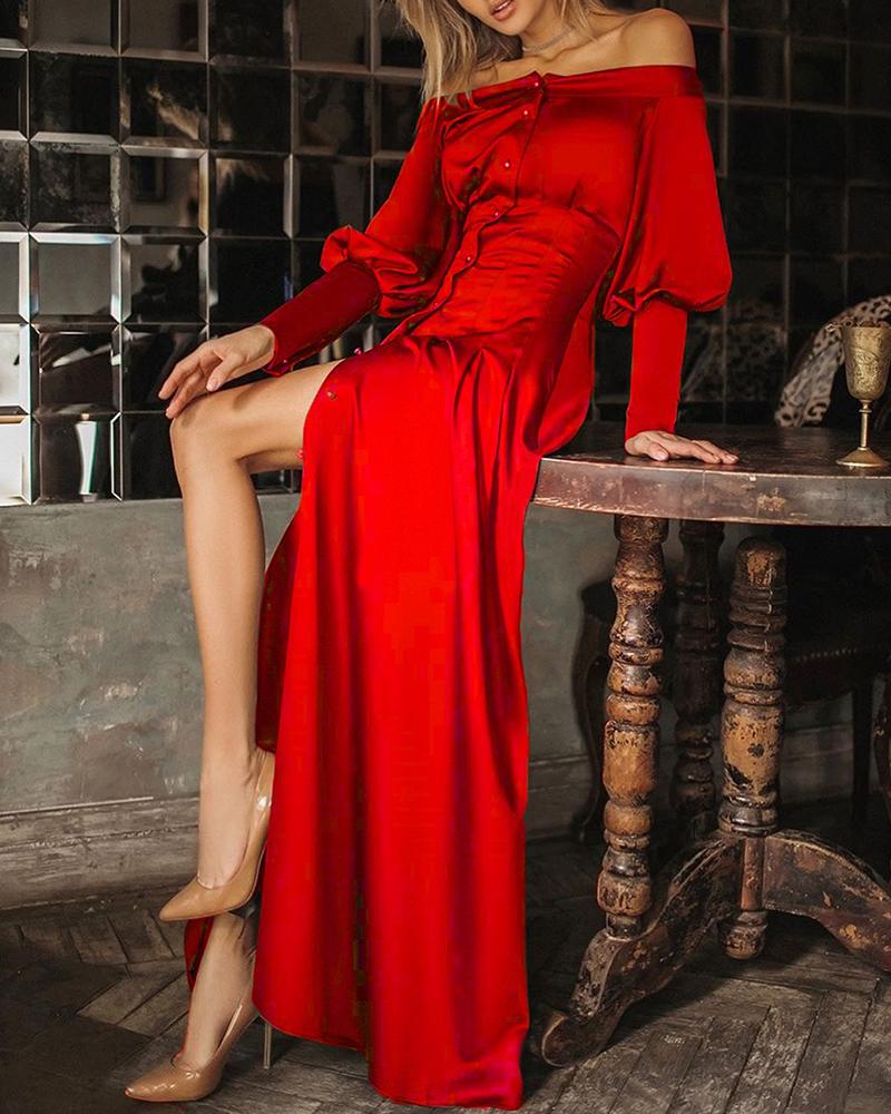 

Lantern Sleeve Off Shoulder Slit Long Dress, Red
