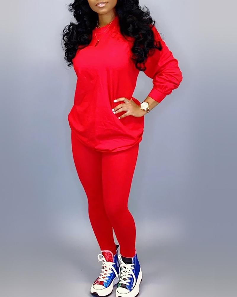 

Solid Long Sleeve Top & Leggings Sets, Red