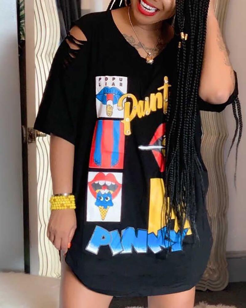 

Graffiti Print Ripped Cutout T-Shirt Dress
