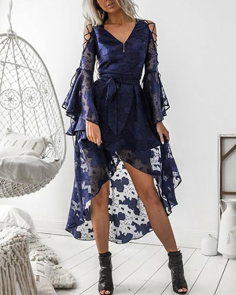 

Lace Up Bell Sleeve High-low Hem Dress, Dark blue
