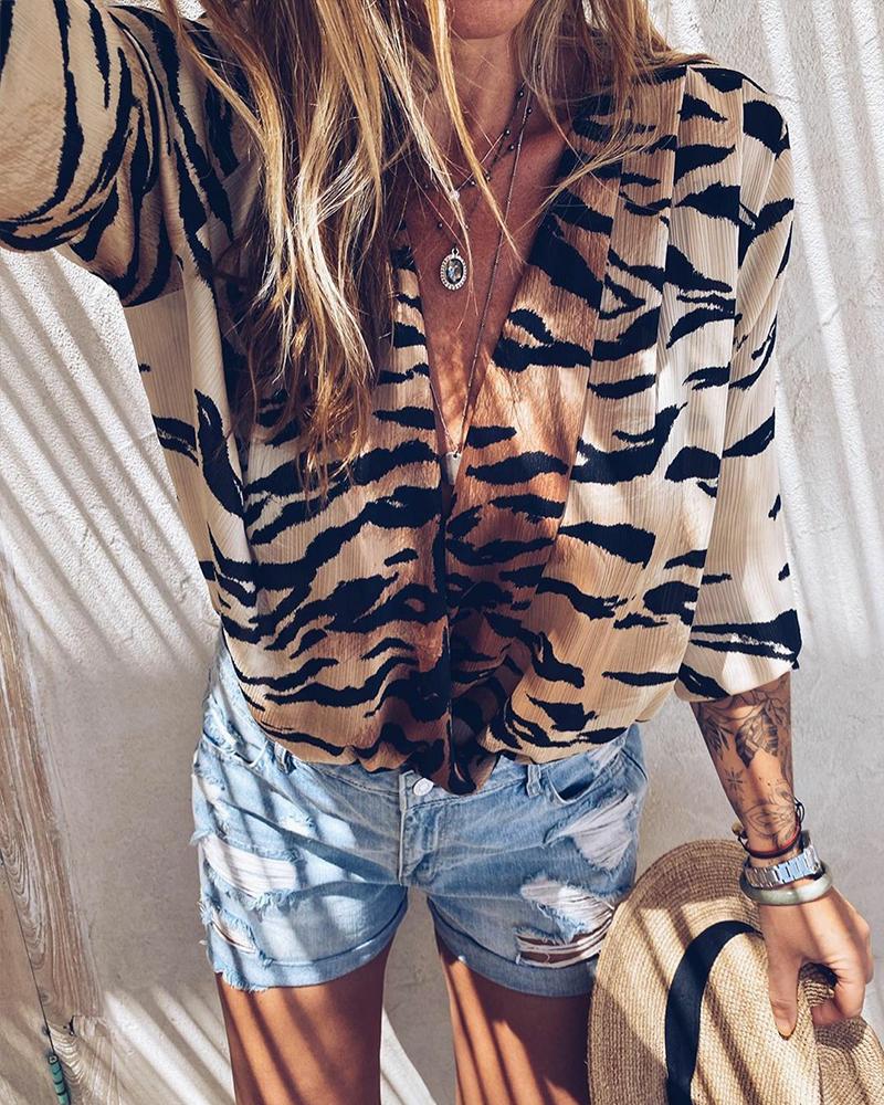 

Tiger Print V Neck Top, Brown