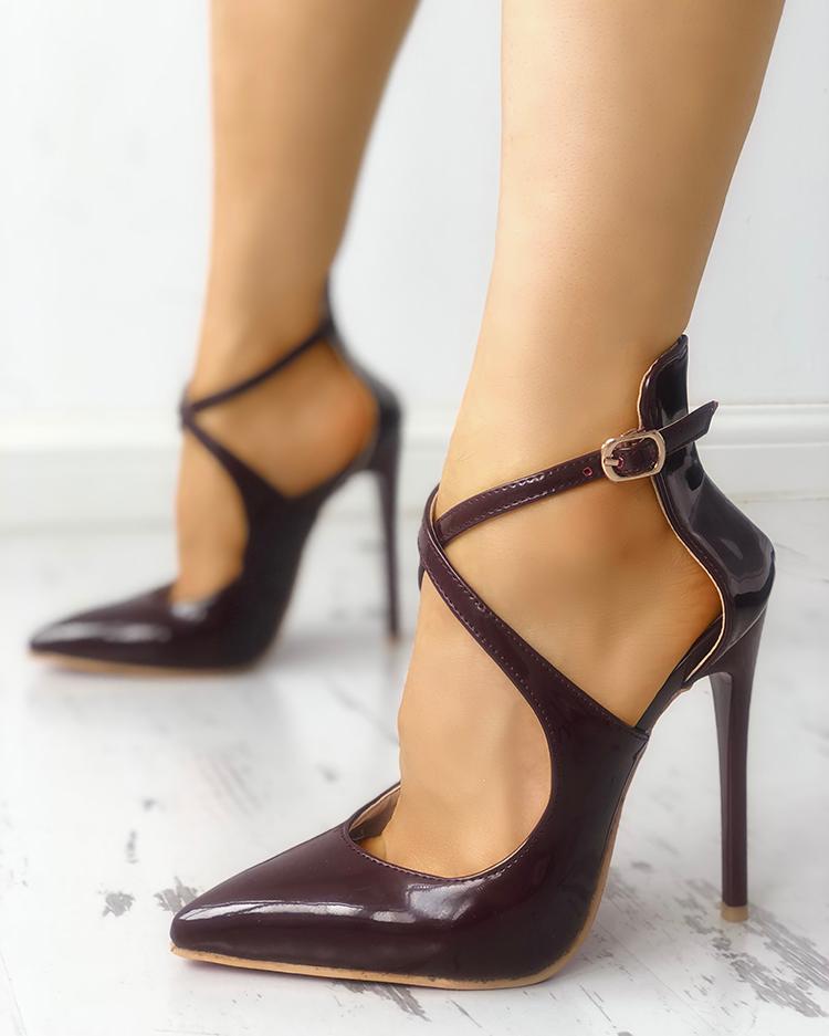 

Solid Crisscross Buckled Pointed Toe Heels, Wine red