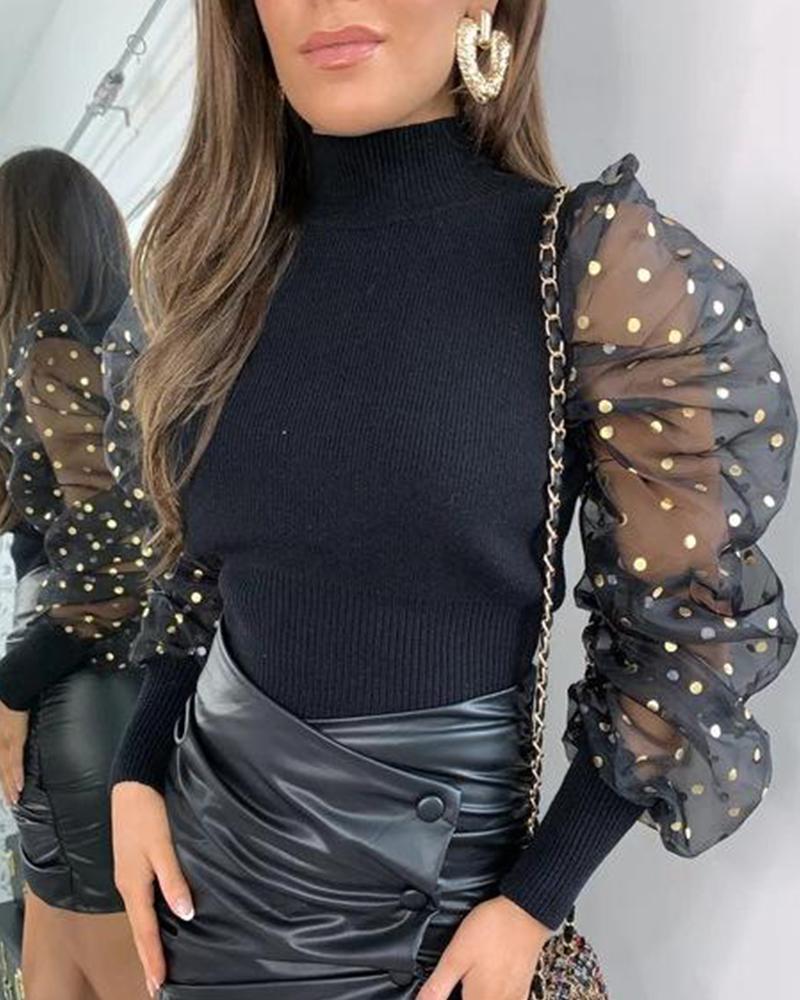 

High Neck Mesh Sleeve Top, Black