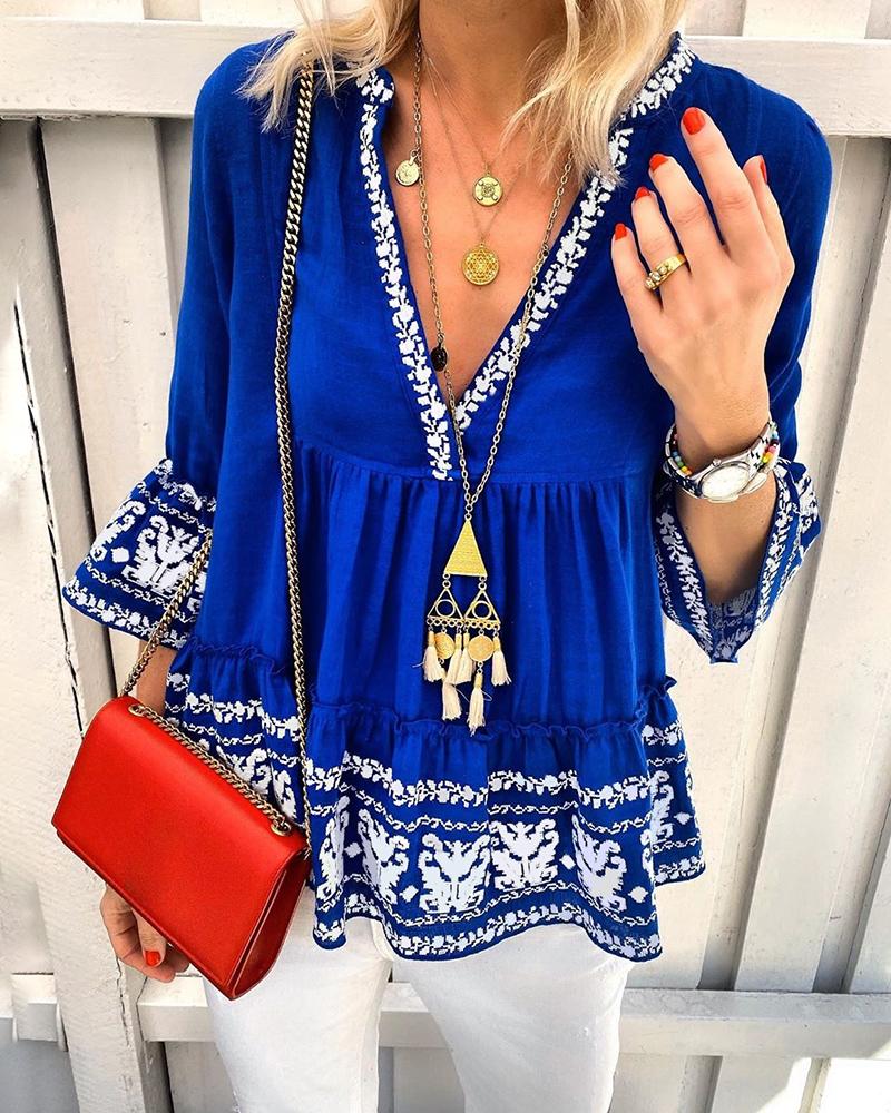 

V-neck Bell Sleeve Print Blouse, Blue