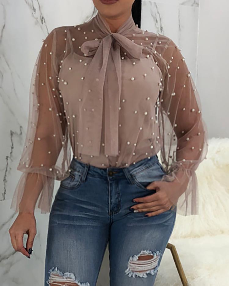 

Sexy Tie Neck Beading Embellished Sheer Mesh Blouse, Khaki