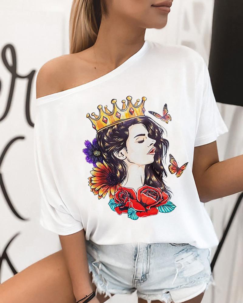 

Figure Print Short Sleeve Casual T-shirt, White