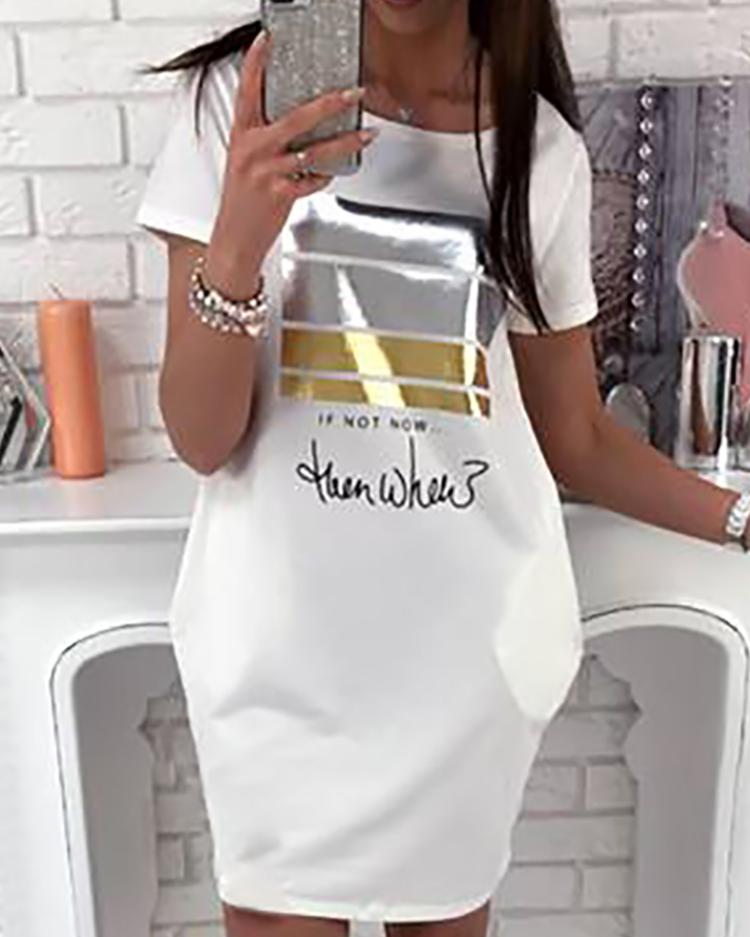 

Letter Print Pocket Design Casual Dress, White