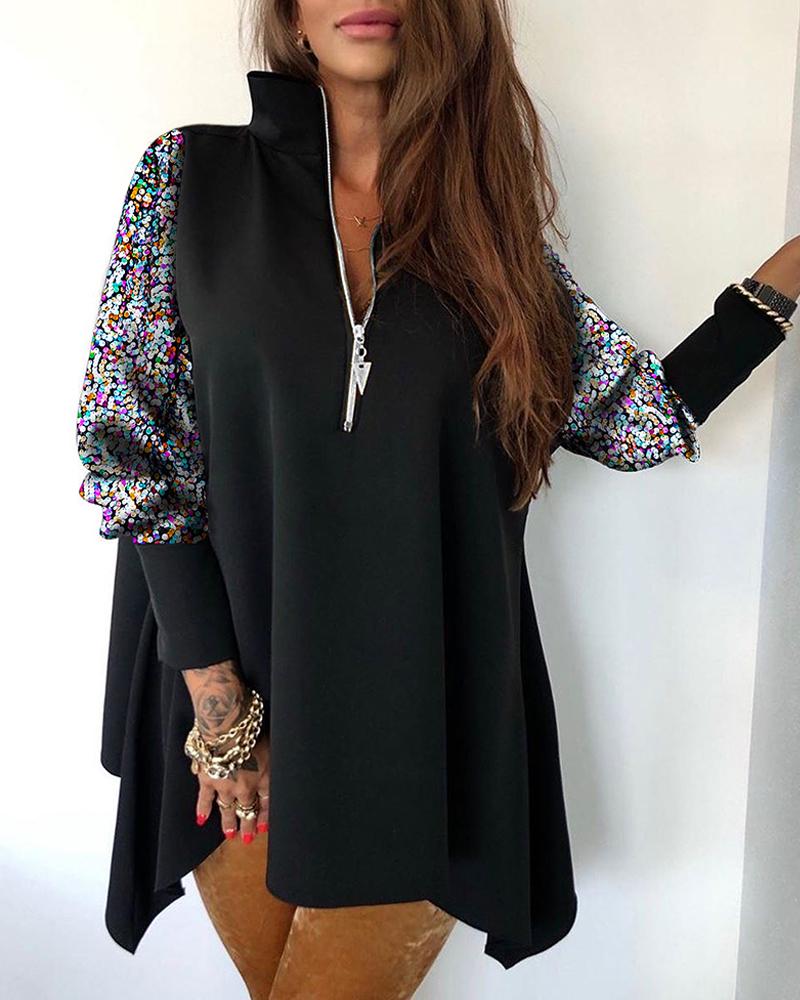 

Zipper Design Long Sleeve Sequin Blouse, Black