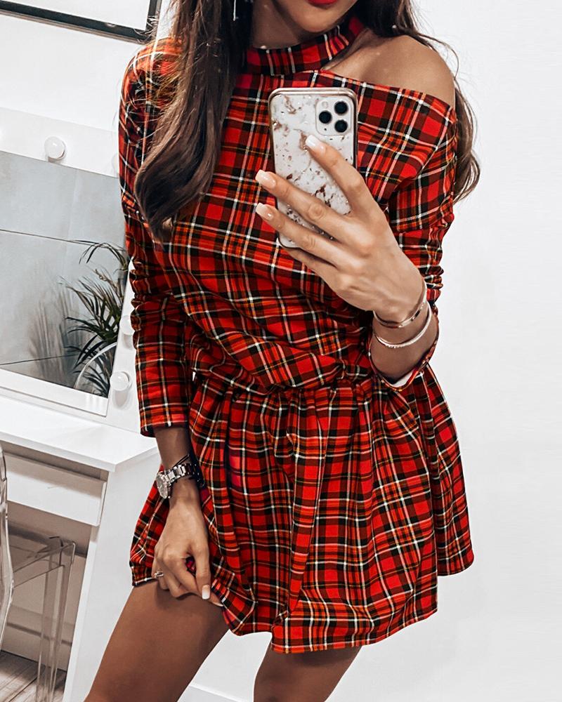 

Cold Shoulder Plaid Print Dress, Red