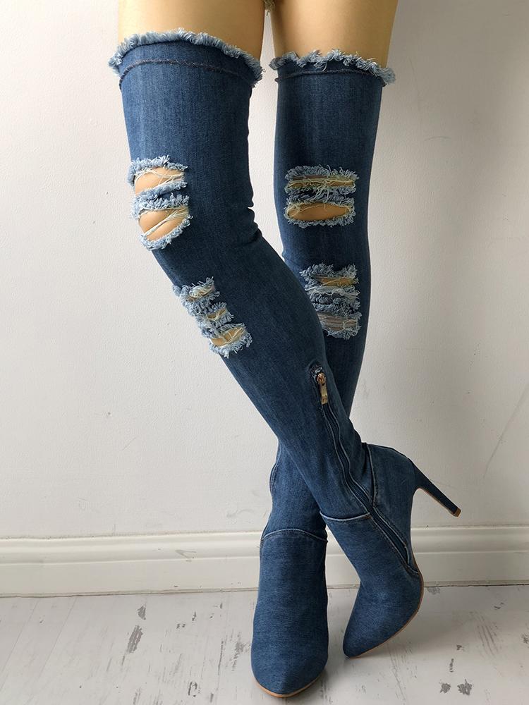 

Denim Knee-High Side Zipper Ripped Thin Heel Boots, Light blue