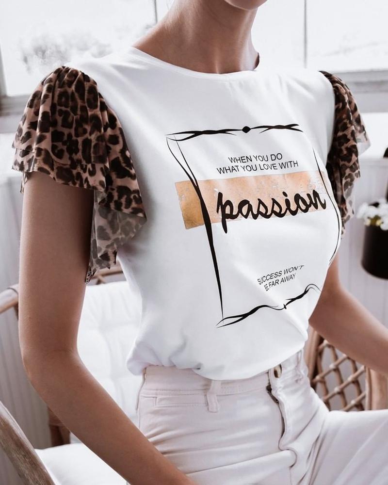 

Letter Print Leopard Splicing T-shirt, White
