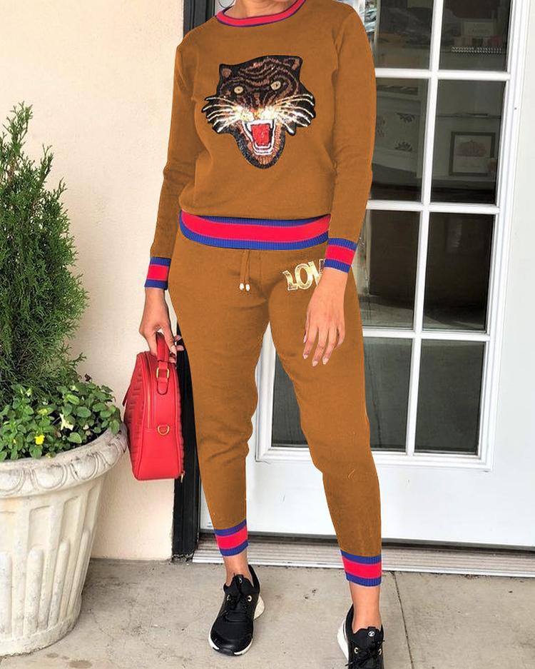 

Sequins Tiger Pattern Striped Tape Tracksuit, Brown
