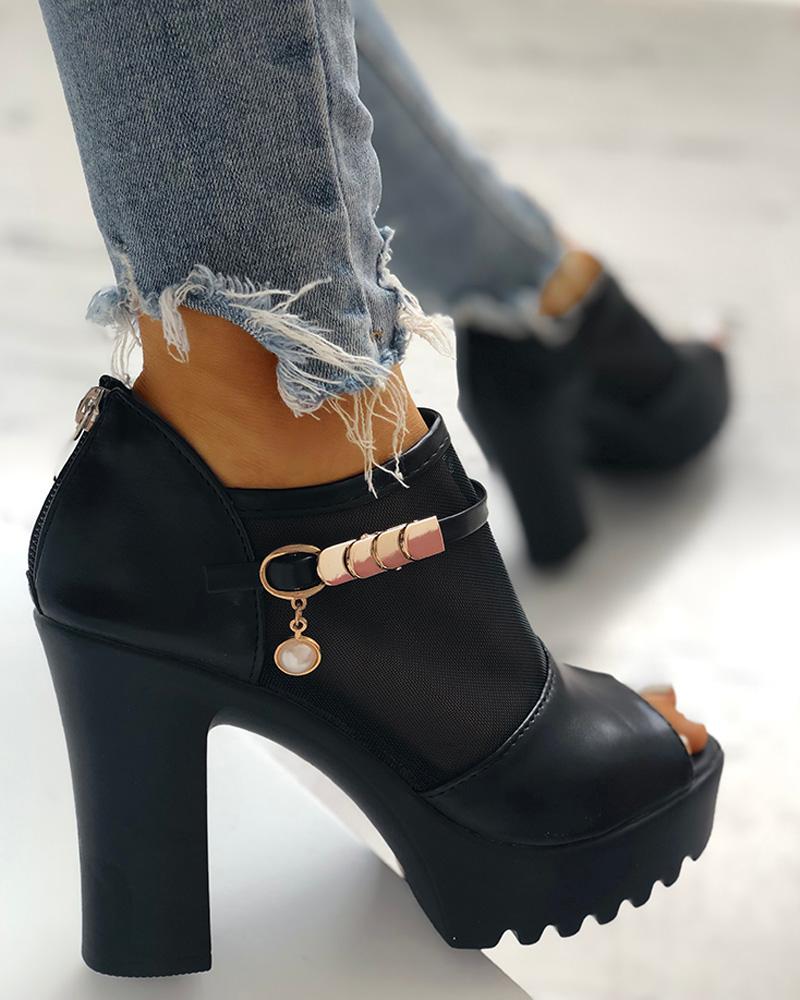 

Peep Toe Mesh Insert Platform Chunky Heeled Sandals, Black