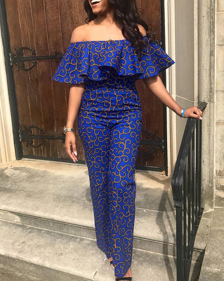 

Digital Print Flounce Off Shoulder Jumpsuit, Blue