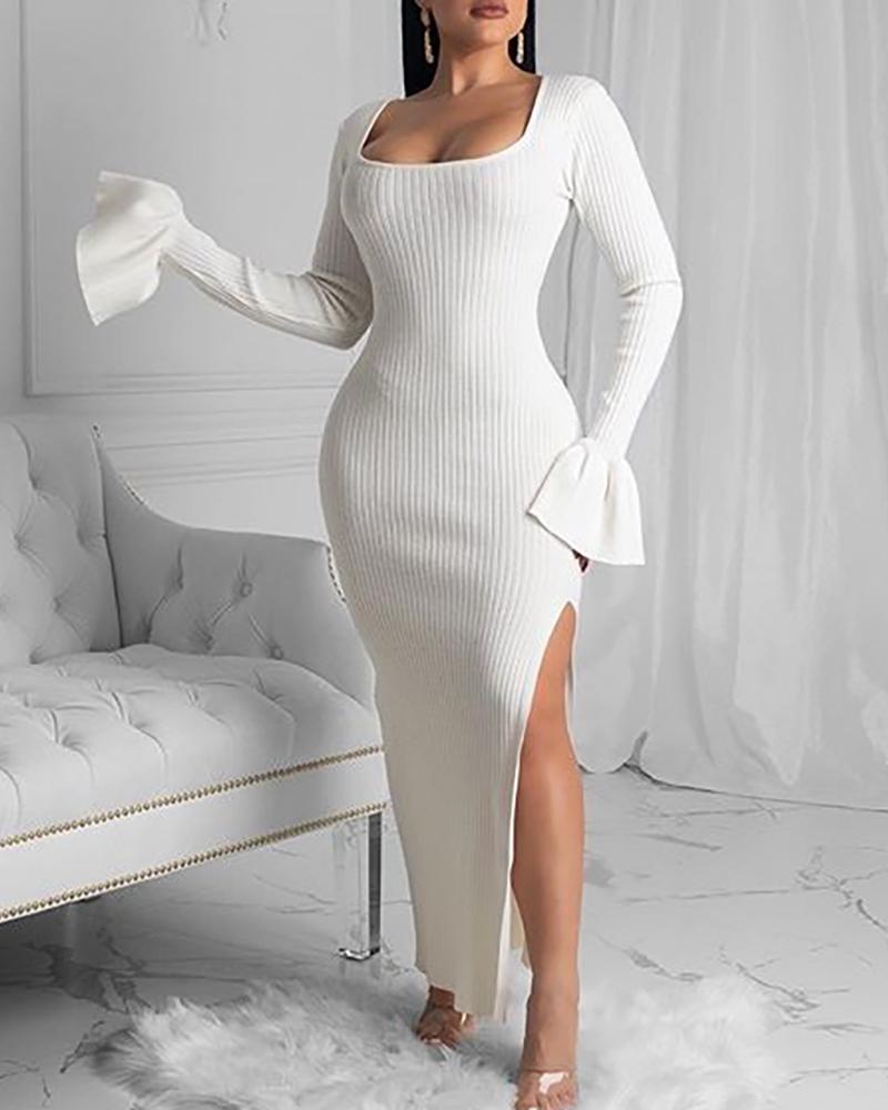 

Bell Sleeve Slit Design Evening Dress, White