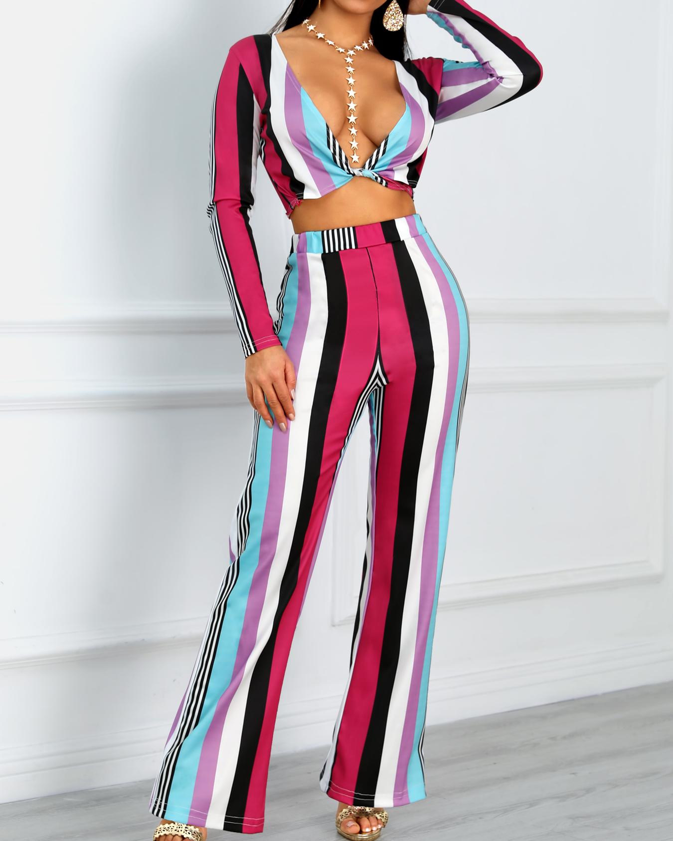 

Colorful Striped Long Sleeve Top & Pant Sets, Multicolor