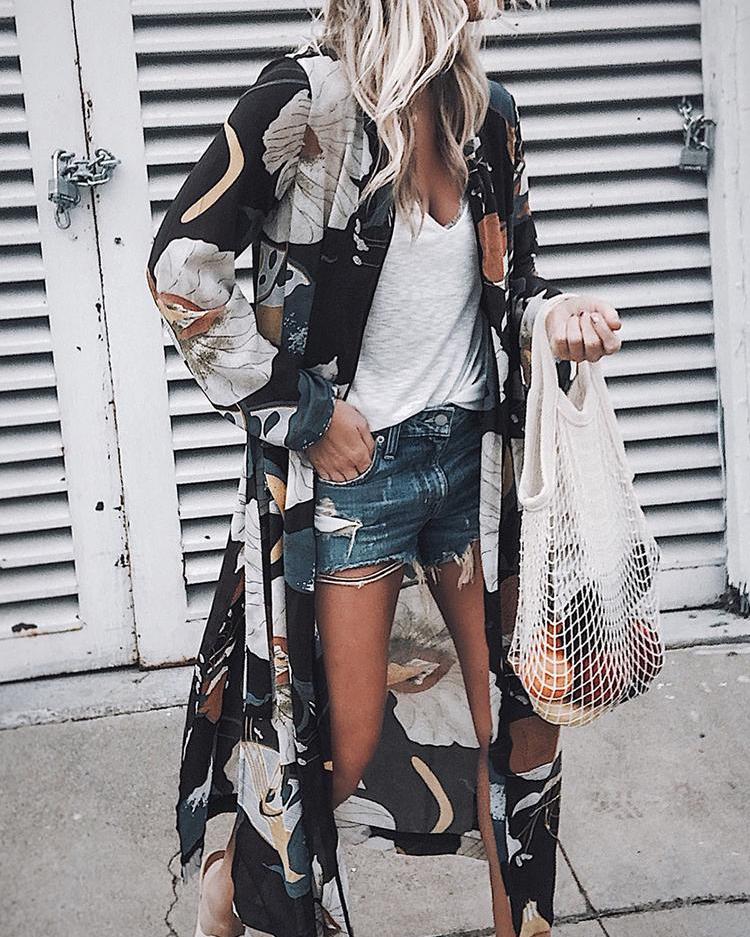 

Floral Print Slit Open Front Long Cardigan, Black