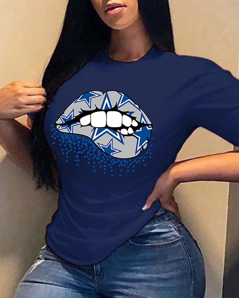 

Lip Star Print Short Sleeve Casual T-shirt, Dark blue