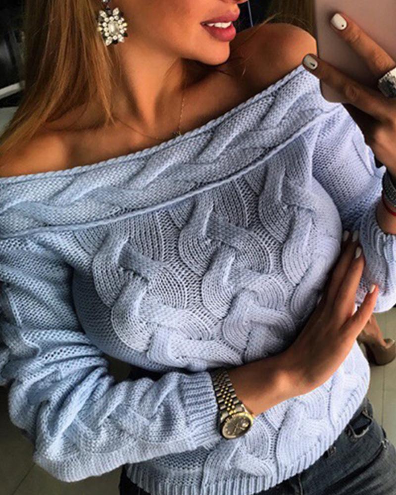 

Off Shoulder Long Sleeve Knit Sweater, Blue