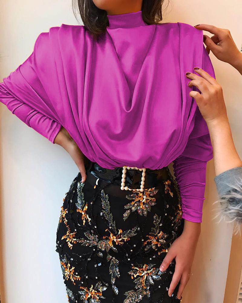 

High Neck Batwing Sleeve Drape Front Blouse