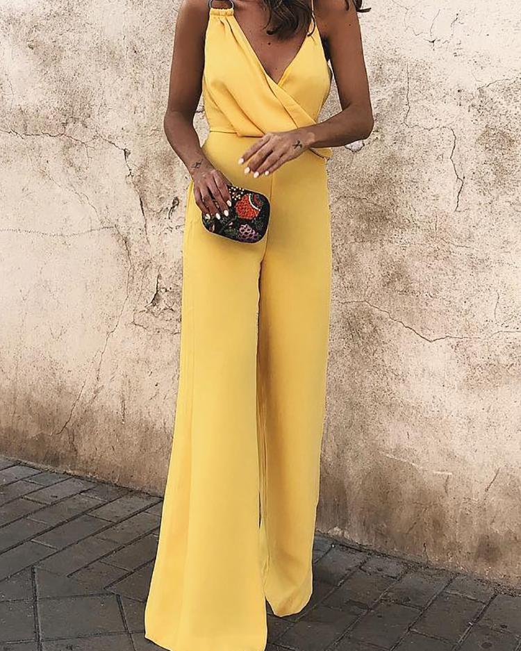 

Irregular Buckle Strap Wrap Wide Leg Jumpsuit, Yellow