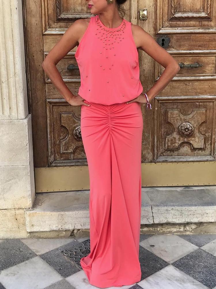 

Beaded Embellished Scrunch Backless Maxi Dress