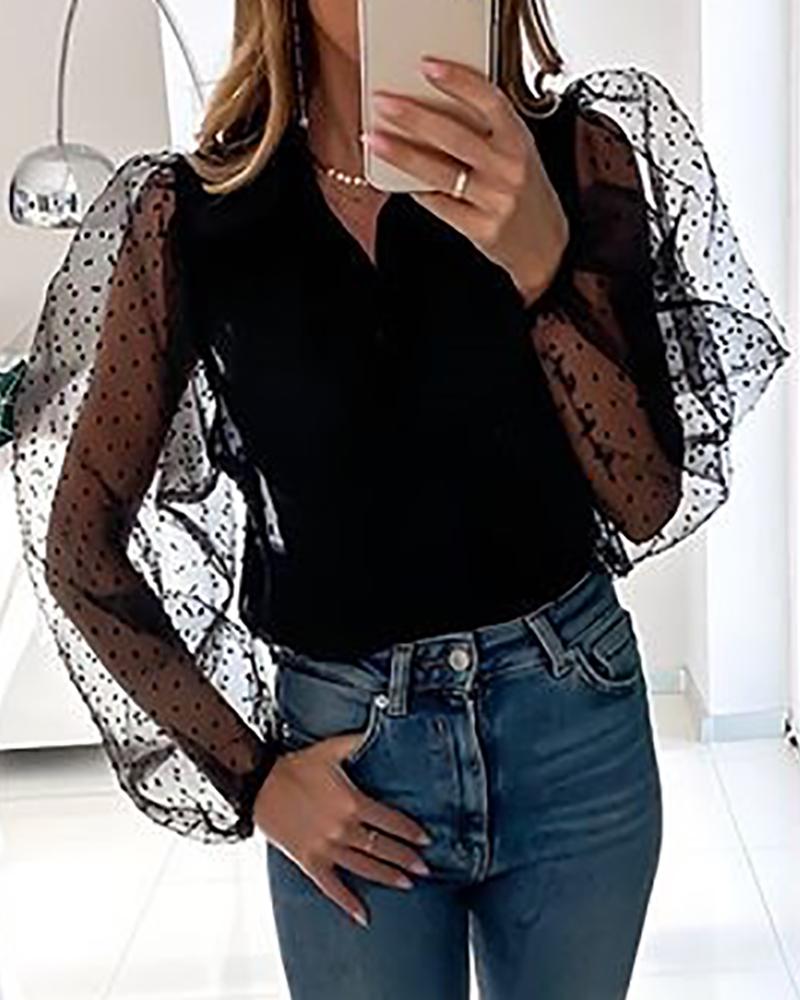 

Dot Mesh Puffed Sleeve Casual Blouse, Black