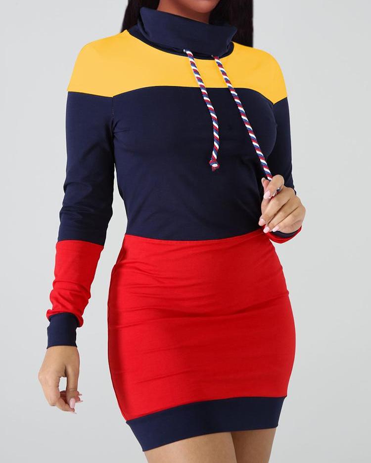 

High Neck Contrast Color Splicing Casual Dress, Red
