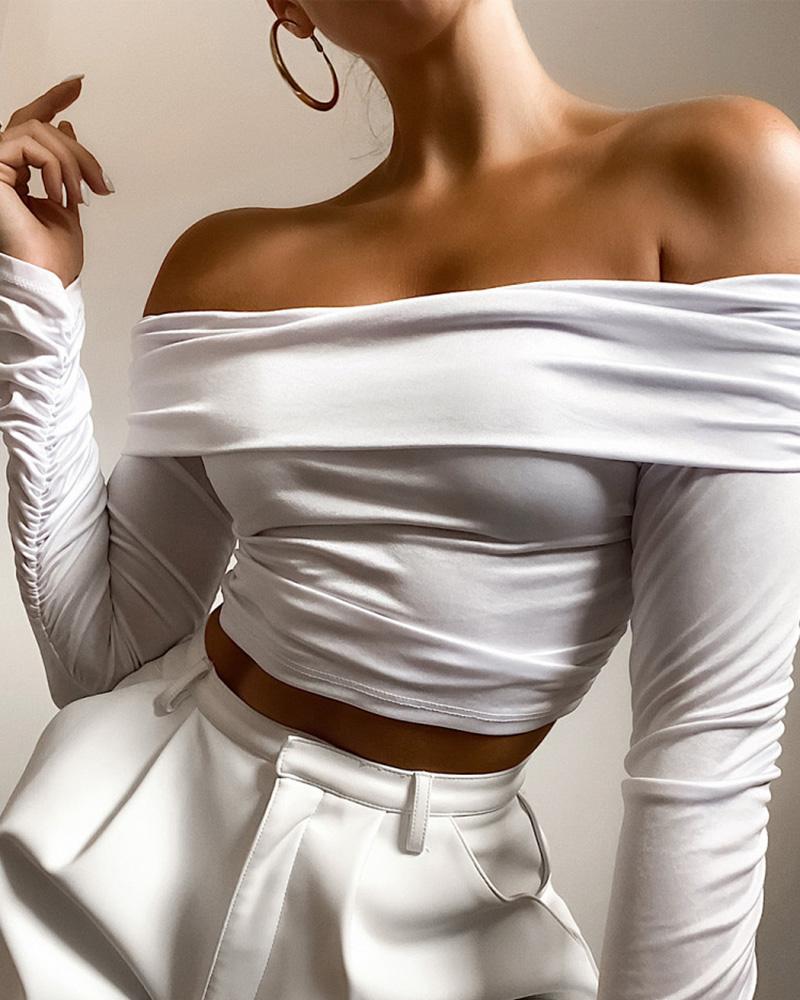 

Plain Off Shoulder Long Sleeve Ruched Top, White