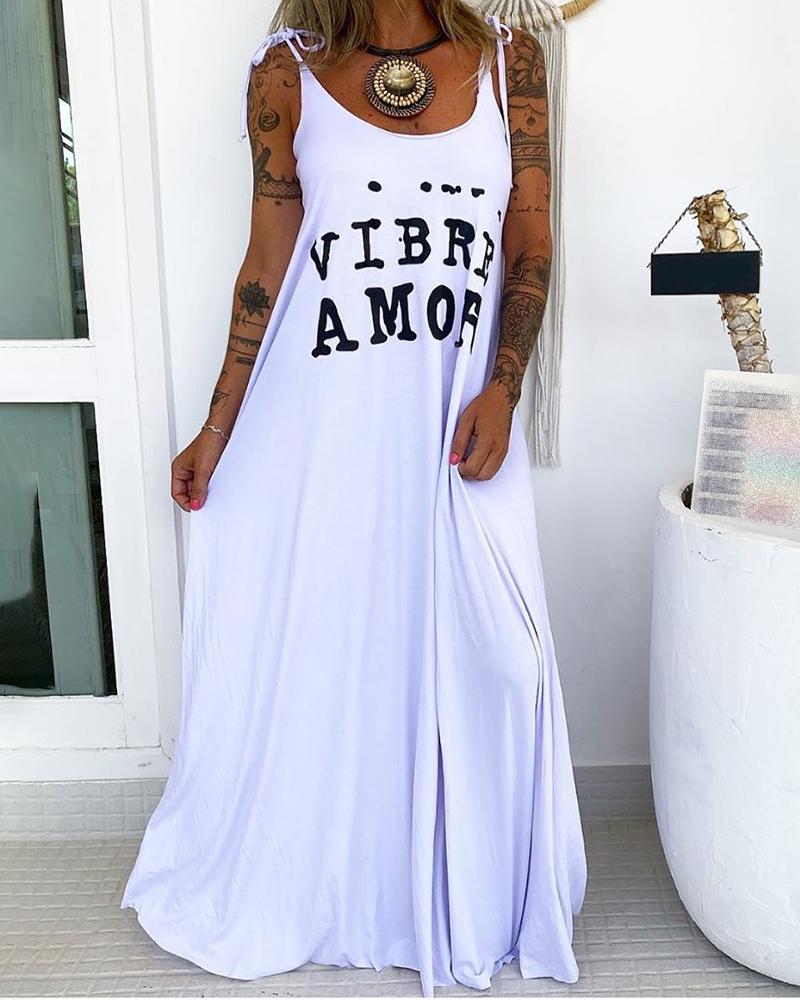 

Letter Print Tied Strap Maxi Dress, White