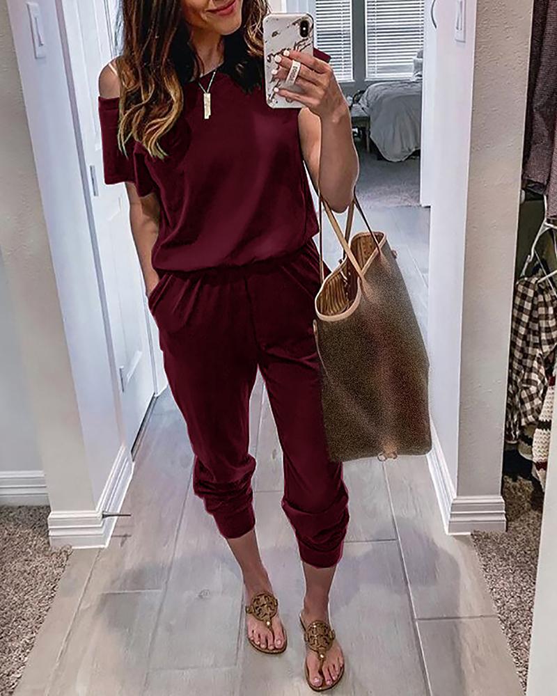 

Solid One Shoulder Pocket Detail Jumpsuit, Wine red