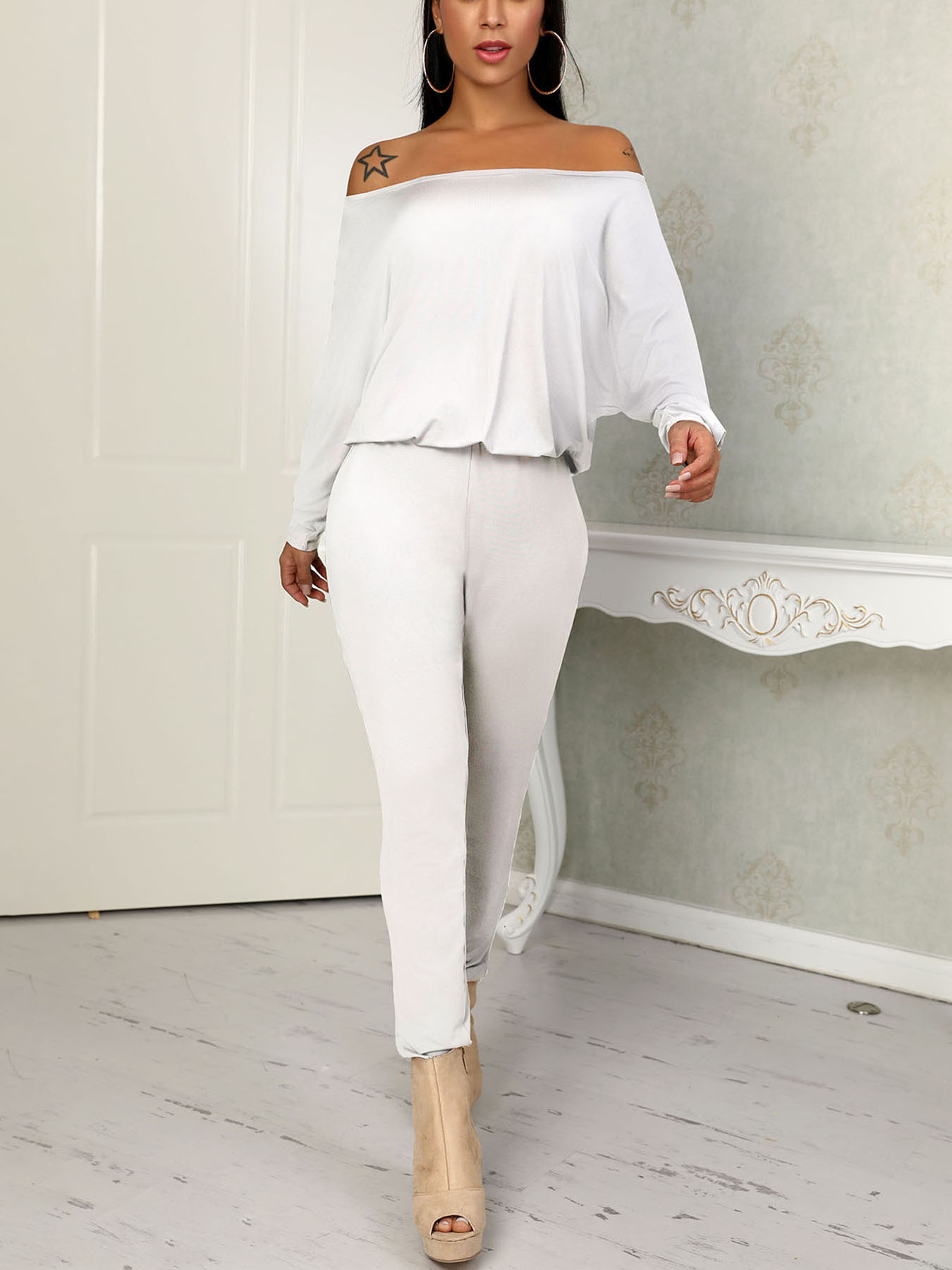 

Fashion Solid Off Shoulder Shirring Waist Jumpsuit, White