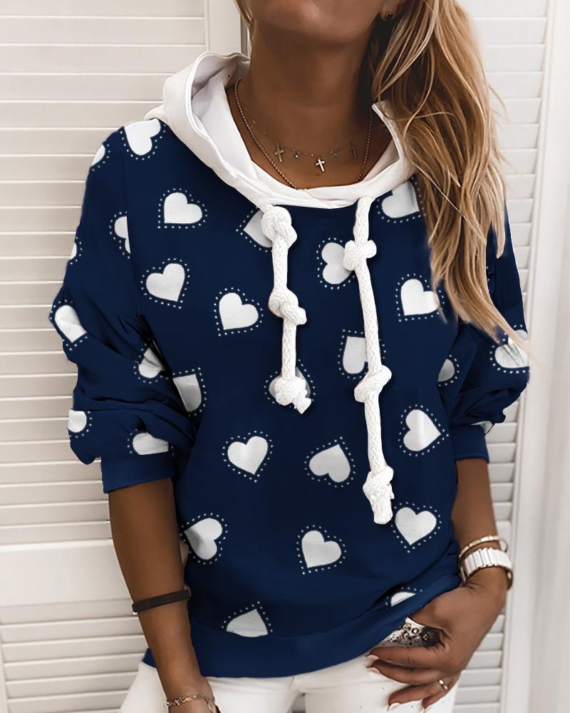 

Heart Print Hooded Casual Sweatshirt, Purplish blue