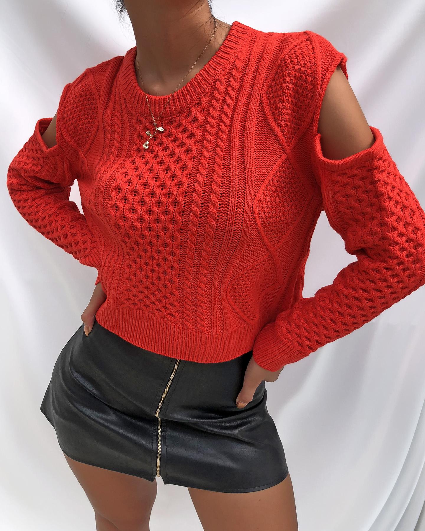 

Cold Shoulder Long Sleeve Cable Knit Sweater, Red