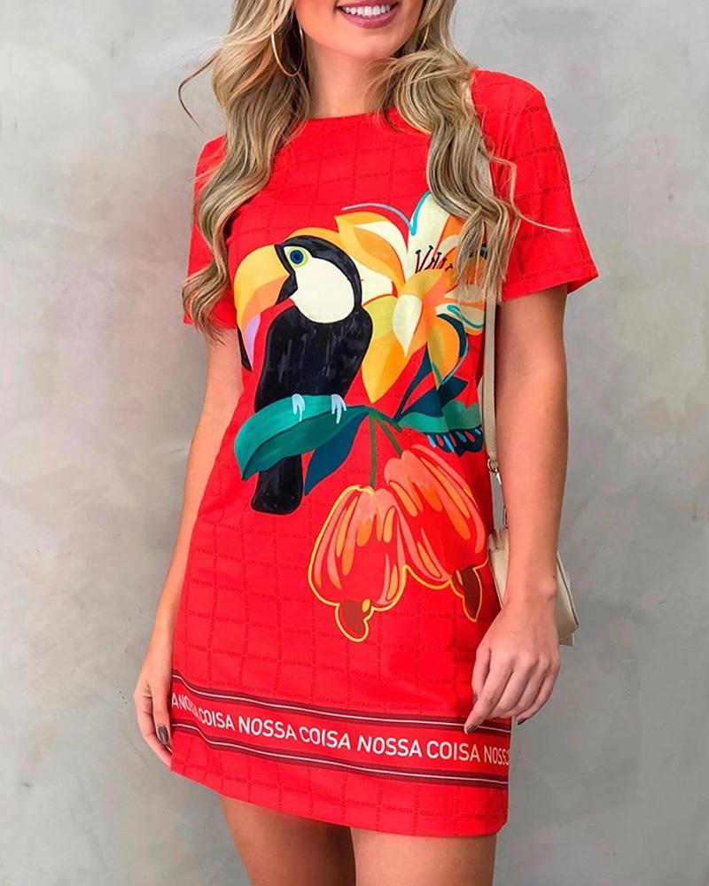 

Short Sleeve Brid Floral Print Dress, Red