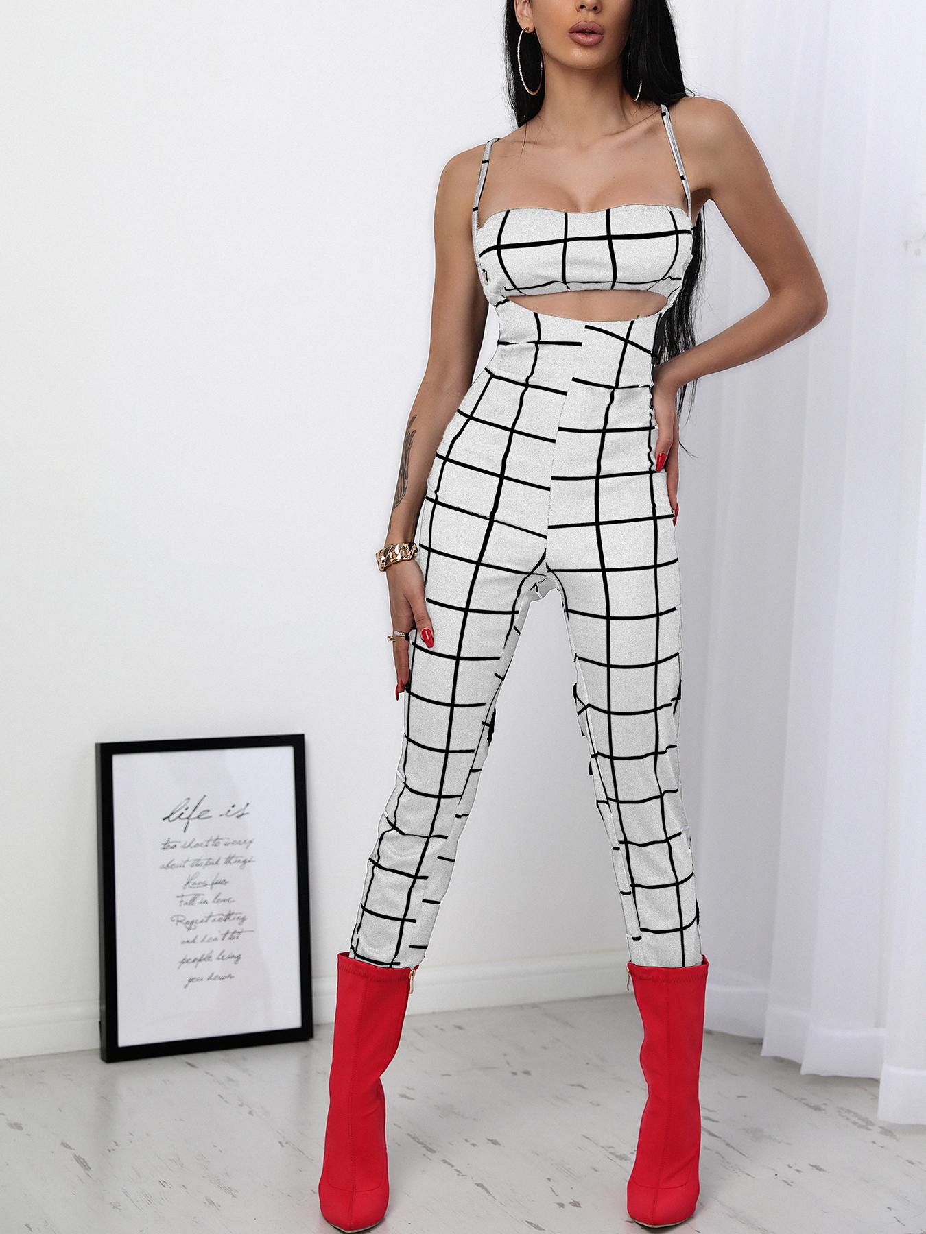 

Plaid Cropped Tube Top& Suspender Pant Sets, White