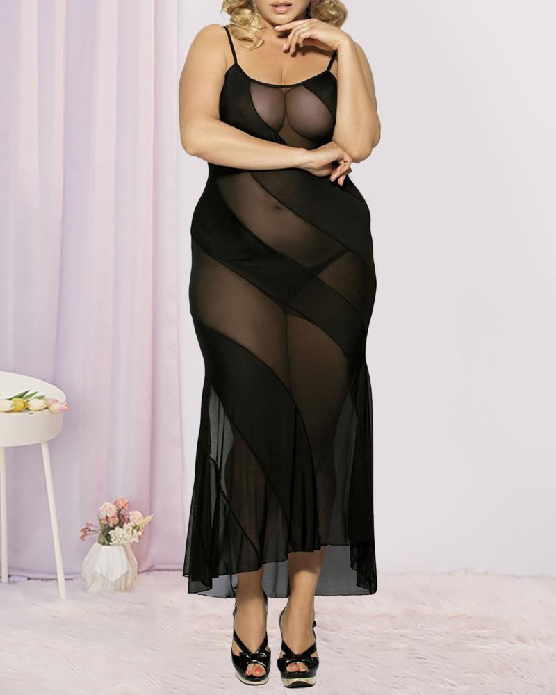 

Plus Size Sheer Mesh Ruffle Hem Maxi Babydoll With Thong, Black