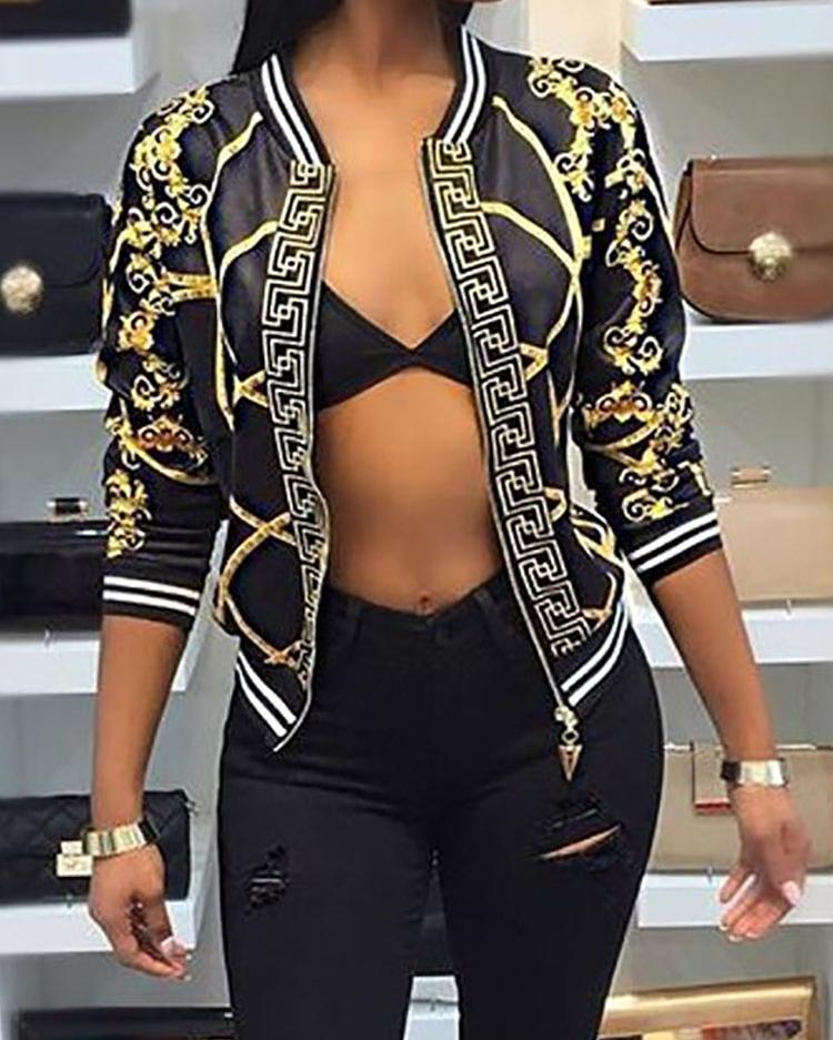 

Digital Print Stripes Binding Zipper Front Casual Jacket