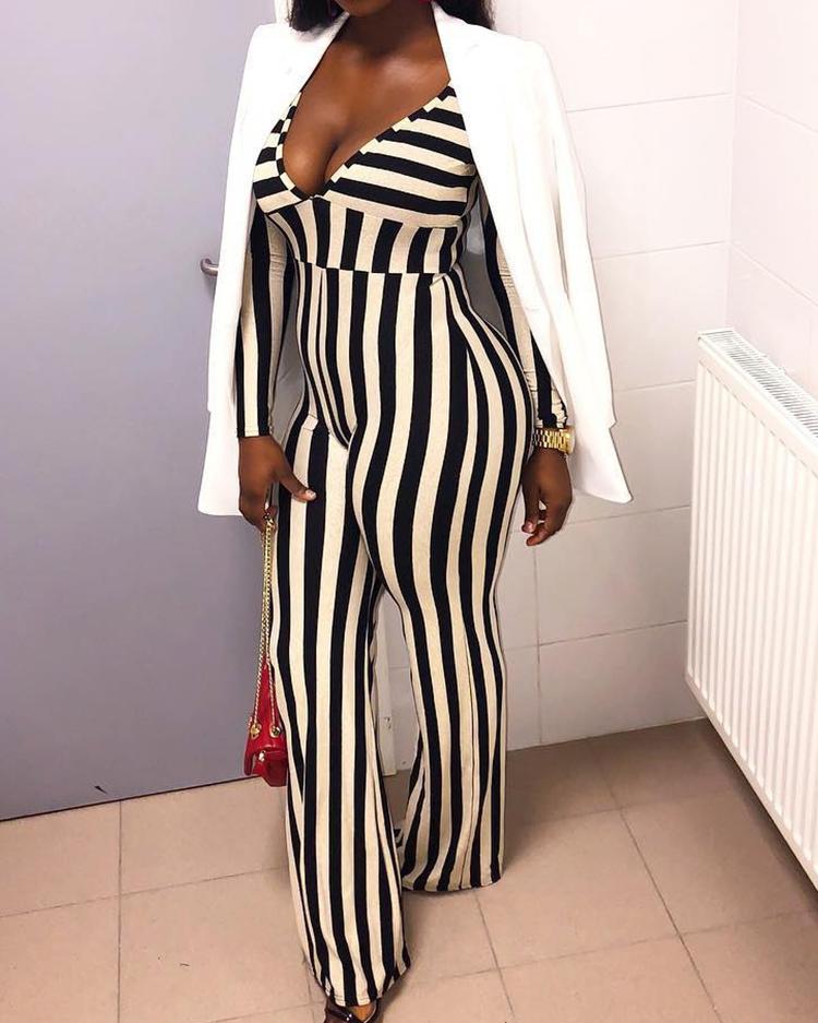 

Contrast Color Striped Deep V Wide Leg Jumpsuit, Multicolor
