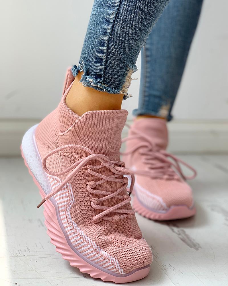 

Net Surface Colorblock Breathable Lace-Up Casual Sneakers, Pink