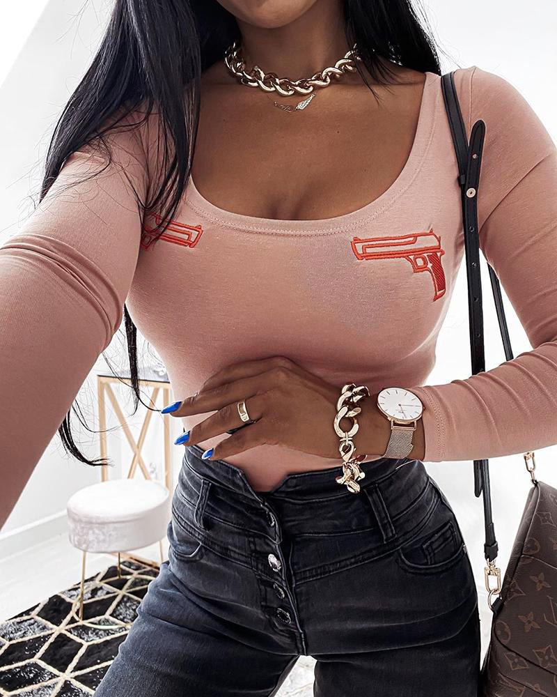 

Gun Embroidery Long Sleeve Top, Pink