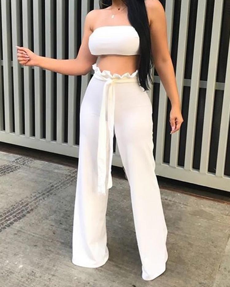 

Bandeau Top & Frills waist Wide Leg Pants Set, White
