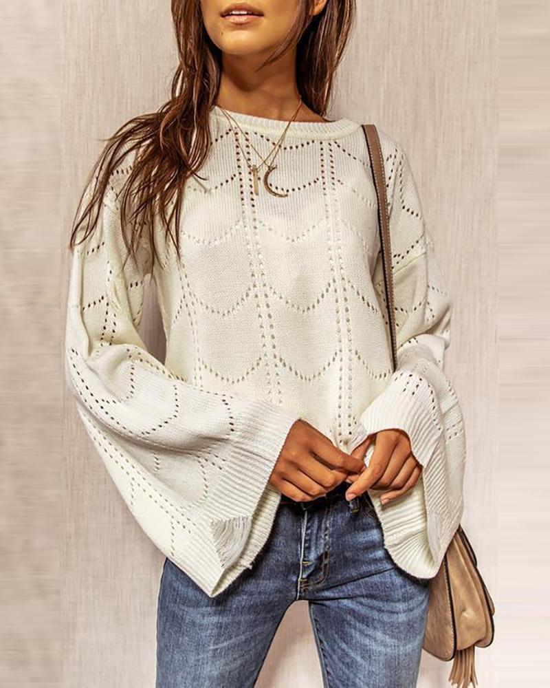 

Plain Hollow-out Long Sleeve Sweater, White