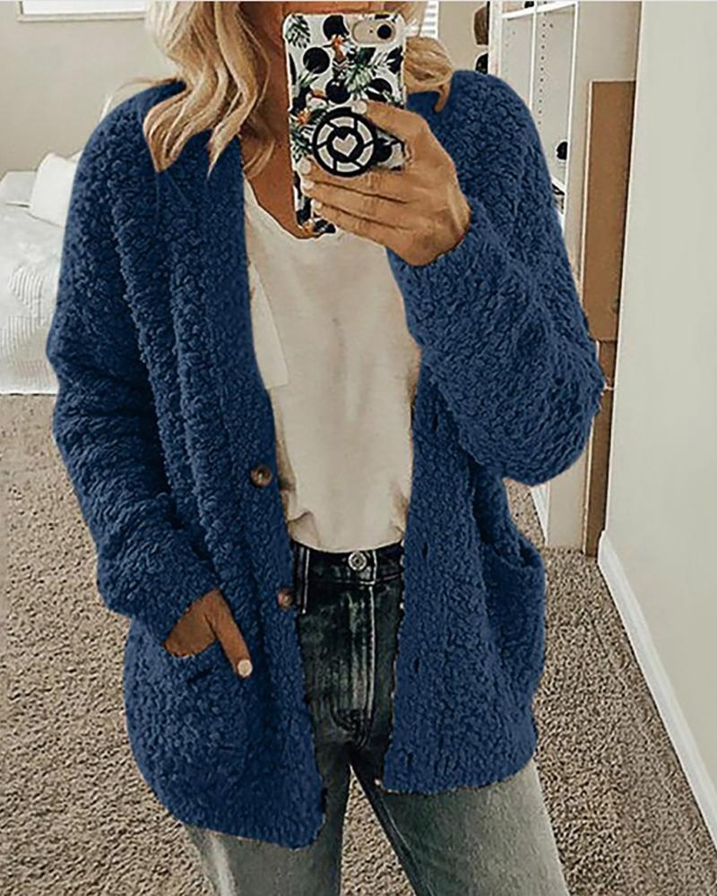 

Solid Polar Fleece Long Sleeve Coat, Blue
