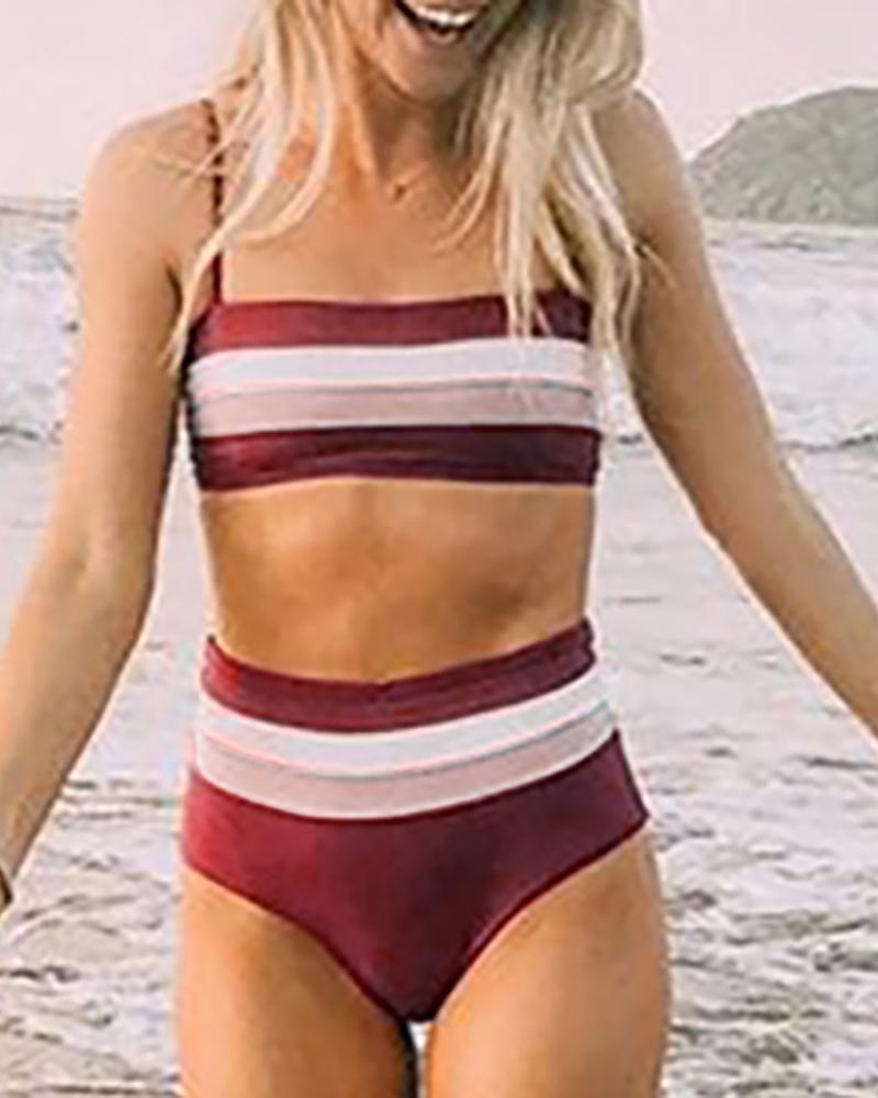 

Striped Colorblock High Waist Bikini Sets, Wine red