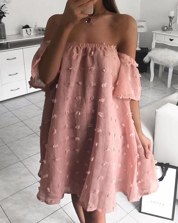 

Solid Off Shoulder Mesh Chiffon Dress, Pink