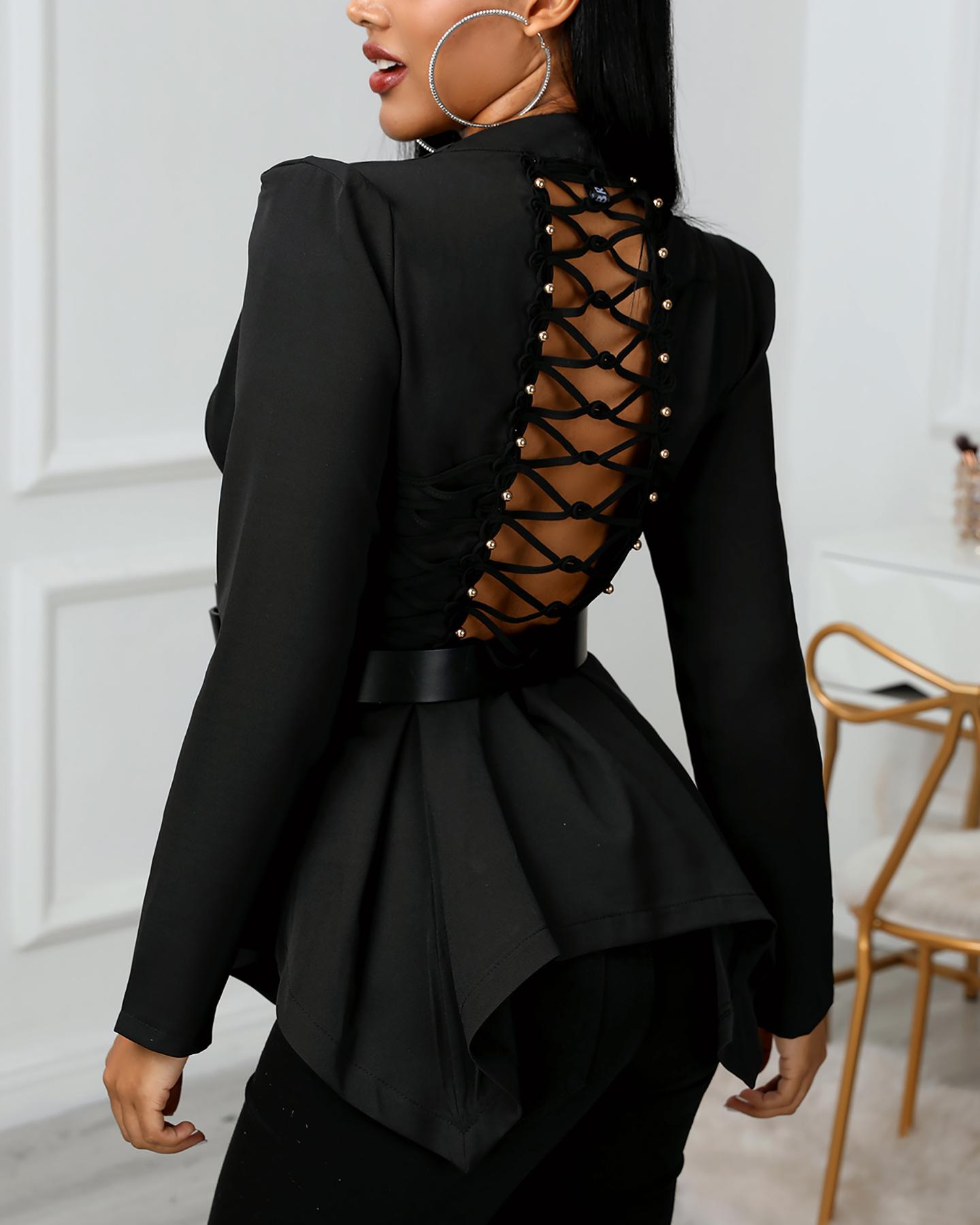 

Solid Backless Lace-Up Design Blouse, Black