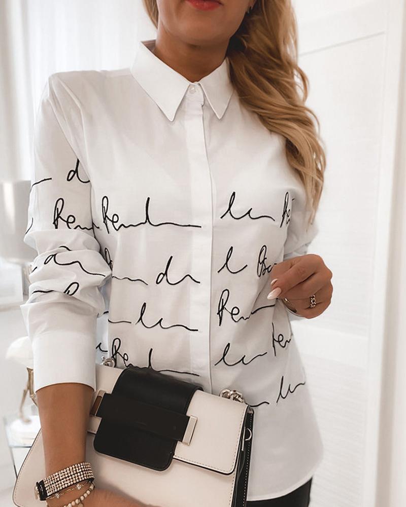 

Long Sleeve Letter Print Buttoned Shirt, White