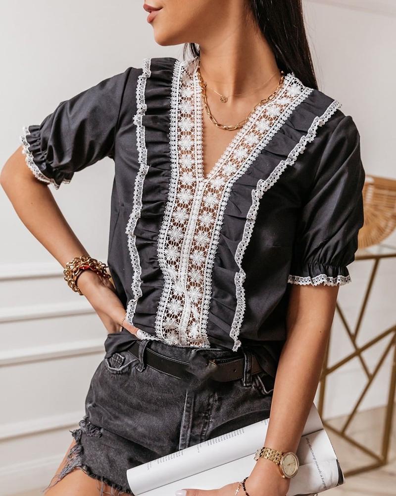 

V-neck Crochet Lace Ruched Blouse, Black